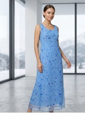 Coldwater Creek Blue Floral Silk Maxi Dress with Sheer Overlay | Petite 12
